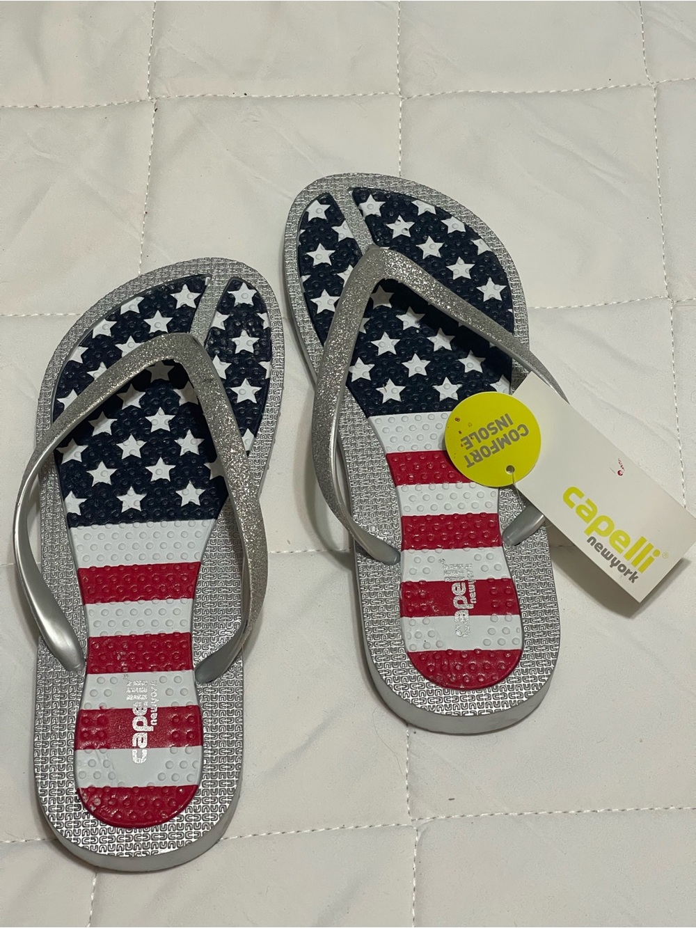 Silver Flip Flop Sandals with American Flag Insole